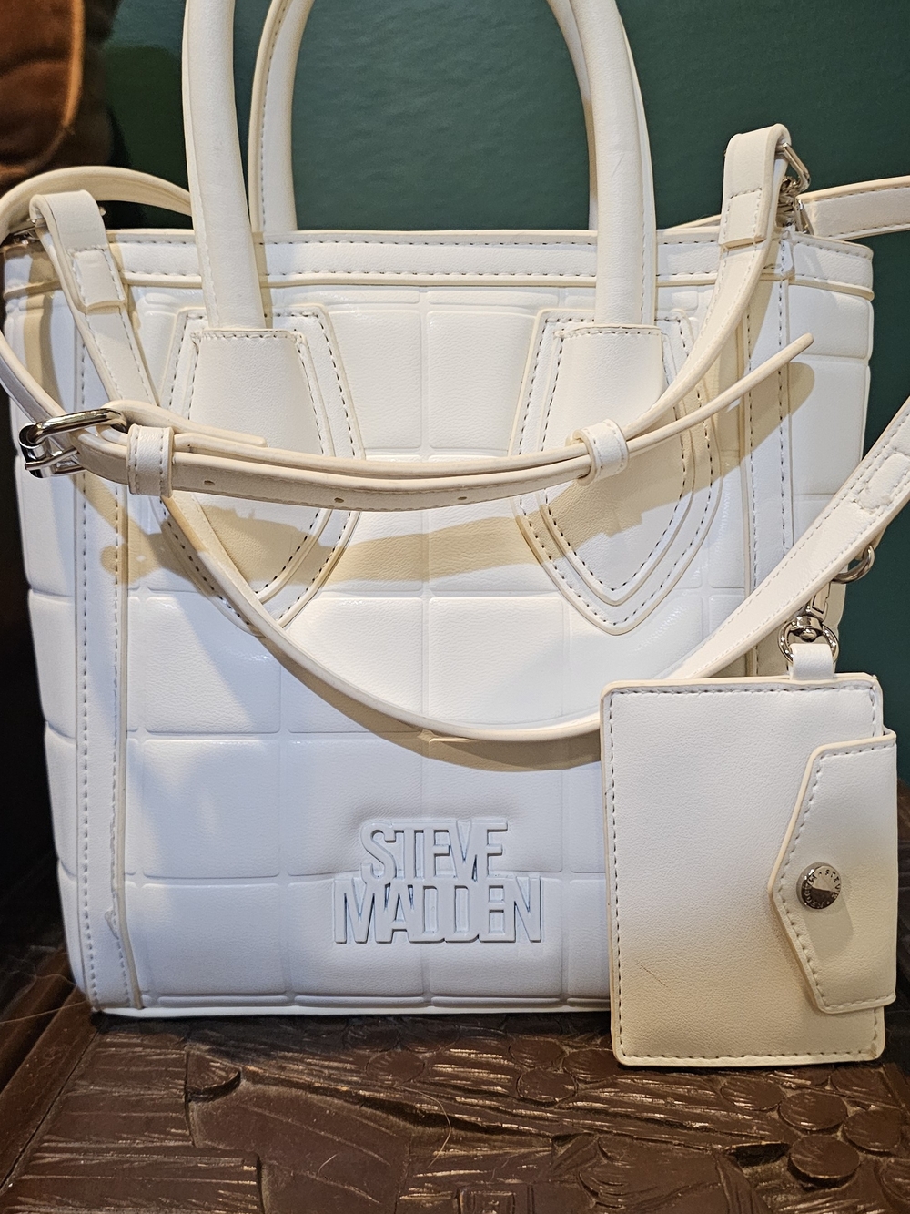 Steve Madden Cream Quilted Tote with Card Holder